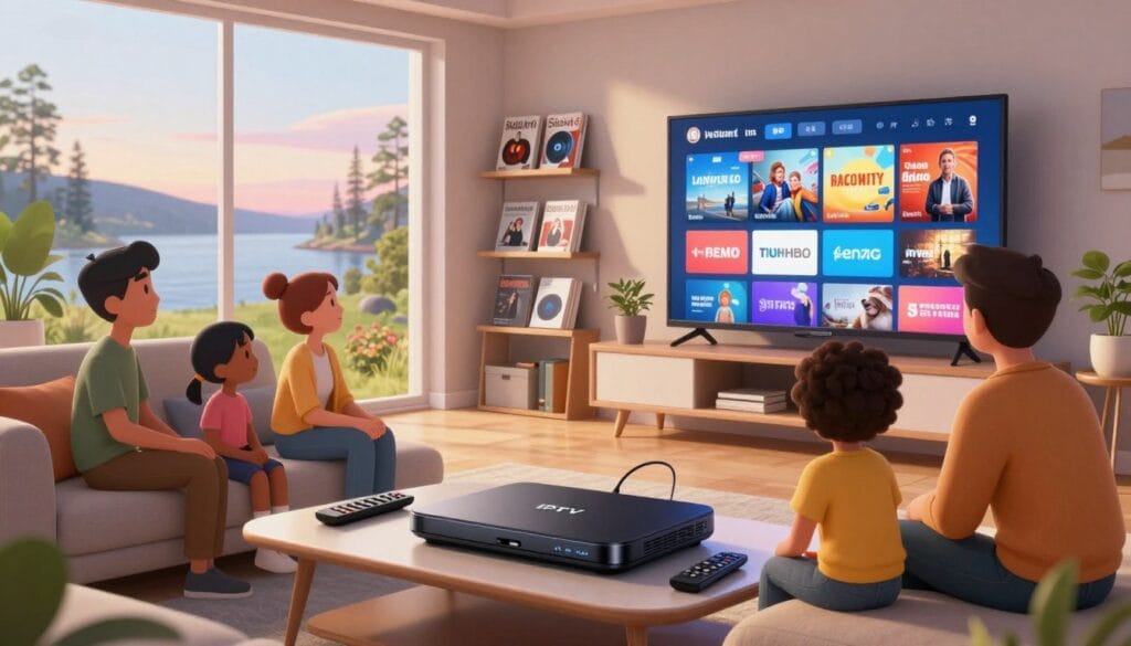 A futuristic living room in Sweden, illuminated by soft, ambient lighting from a large window that showcases a serene Scandinavian landscape. In the foreground, a sleek, modern IPTV set-top box sits on a stylish coffee table, surrounded by remote controls. A family of diverse individuals, dressed in smart casual attire, is gathered on a comfortable sofa, eagerly watching a vibrant display of IPTV content on a large screen, showcasing various streaming services. In the middle ground, shelves filled with tech magazines and books reflect the growing IPTV culture. In the background, subtle hints of Swedish design elements and greenery are present, contributing to a warm and inviting atmosphere that suggests a strong connection to digital entertainment. The scene conveys an optimistic future, emphasizing the integration of technology into daily life.