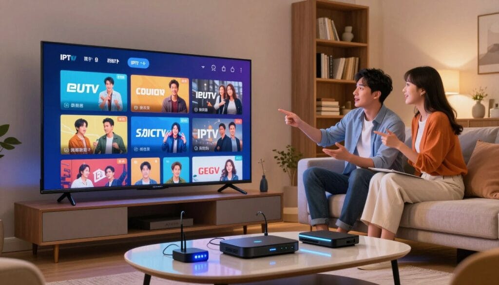 A high-tech living room setting showcasing the comparison of IPTV services, featuring a large, sleek smart TV displaying vibrant, high-definition images of diverse streaming content. In the foreground, a modern coffee table holds various IPTV devices with glowing lights, hinting at their advanced technology. The middle ground includes a cozy sofa with pillows, where a couple in professional casual attire is engaged in a discussion, pointing at the TV. The background reveals a stylish bookshelf and soft ambient lighting, creating a warm, inviting atmosphere. The scene emphasizes clarity and quality, with a focus on the crisp images on the TV, capturing the essence of top-tier IPTV service visuals and user experience. A high-tech living room setting showcasing the comparison of IPTV services, featuring a large, sleek smart TV displaying vibrant, high-definition images of diverse streaming content. In the foreground, a modern coffee table holds various IPTV devices with glowing lights, hinting at their advanced technology. The middle ground includes a cozy sofa with pillows, where a couple in professional casual attire is engaged in a discussion, pointing at the TV. The background reveals a stylish bookshelf and soft ambient lighting, creating a warm, inviting atmosphere. The scene emphasizes clarity and quality, with a focus on the crisp images on the TV, capturing the essence of top-tier IPTV service visuals and user experience.