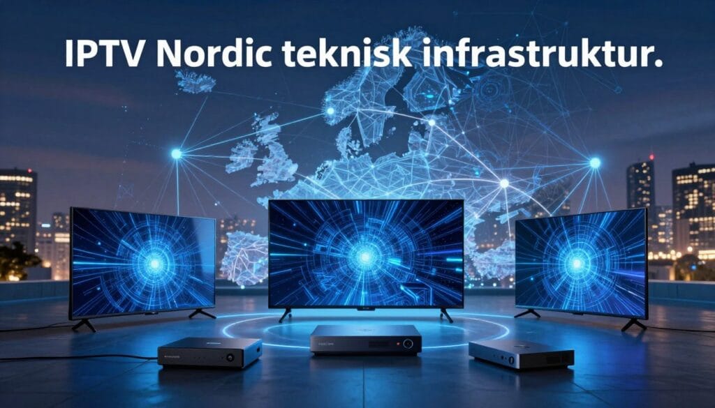 A modern, futuristic representation of "IPTV Nordic teknisk infrastruktur." In the foreground, display sleek, interconnected digital devices symbolizing advanced IPTV technology, including smart TVs and streaming boxes, emitting a soft blue glow. The middle ground features a stylized digital network map, illustrating data flow with luminescent lines connecting various nodes, representing Nordic regions. In the background, a city skyline under a twilight sky with shimmering lights, suggesting a tech-savvy future. Use dramatic, ambient lighting to enhance the high-tech atmosphere. Opt for a wide-angle view to create depth, showcasing layers of technology and connectivity, which communicates innovation and expertise in the IPTV industry. The overall mood should be inspiring and cutting-edge.