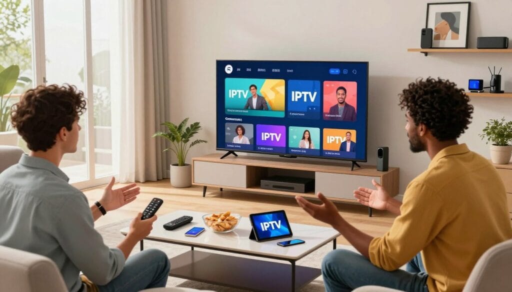 A modern living room featuring a sleek smart TV displaying a vibrant IPTV interface showcasing popular channels and options. In the foreground, a diverse group of three professionals—two men and one woman—discussing and comparing their favorite IPTV services, all dressed in smart casual attire. The middle ground shows a stylish coffee table with remote controls, snacks, and digital devices like tablets and smartphones. Bright natural light streams through large windows, creating a warm and inviting atmosphere. The background displays a wall-mounted shelf adorned with tech gadgets and framed artwork. The overall mood is dynamic and collaborative, highlighting the excitement of discovering optimal IPTV solutions. A modern living room featuring a sleek smart TV displaying a vibrant IPTV interface showcasing popular channels and options. In the foreground, a diverse group of three professionals—two men and one woman—discussing and comparing their favorite IPTV services, all dressed in smart casual attire. The middle ground shows a stylish coffee table with remote controls, snacks, and digital devices like tablets and smartphones. Bright natural light streams through large windows, creating a warm and inviting atmosphere. The background displays a wall-mounted shelf adorned with tech gadgets and framed artwork. The overall mood is dynamic and collaborative, highlighting the excitement of discovering optimal IPTV solutions.