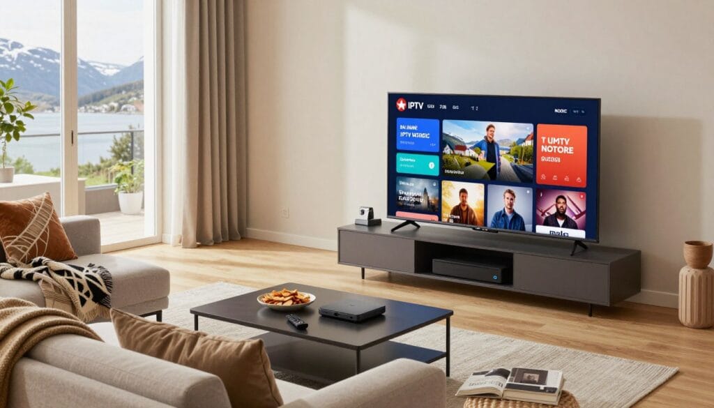 A modern living room with a large flat-screen television displaying various IPTV Nordic channels. In the foreground, a cozy sofa with a stylish throw blanket and decorative cushions. On the coffee table, snacks and a remote control suggest a relaxed viewing experience. In the middle, a sleek entertainment unit houses streaming devices and books about technology and media. The background features large windows allowing natural light to flood the room, with a view of a Nordic landscape, hinting at the region's beauty. Soft, warm lighting creates an inviting atmosphere, while the image captures a sense of comfort and modern technology, emphasizing the advantages of IPTV Nordic services, such as accessibility and diverse content options. The angle is slightly above eye level, providing a clear view of the entire scene. A modern living room with a large flat-screen television displaying various IPTV Nordic channels. In the foreground, a cozy sofa with a stylish throw blanket and decorative cushions. On the coffee table, snacks and a remote control suggest a relaxed viewing experience. In the middle, a sleek entertainment unit houses streaming devices and books about technology and media. The background features large windows allowing natural light to flood the room, with a view of a Nordic landscape, hinting at the region's beauty. Soft, warm lighting creates an inviting atmosphere, while the image captures a sense of comfort and modern technology, emphasizing the advantages of IPTV Nordic services, such as accessibility and diverse content options. The angle is slightly above eye level, providing a clear view of the entire scene.
