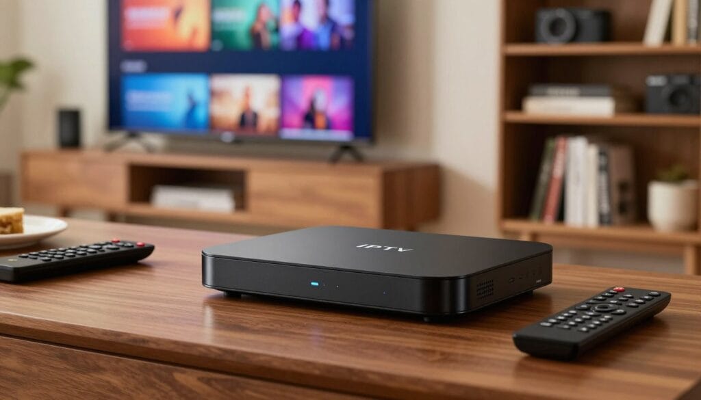A sleek 4K IPTV box prominently displayed on a polished wooden surface in a well-lit living room. The box features a modern design with smooth edges and a glossy black finish, showcasing subtle LED indicators. In the foreground, a remote control lies beside the IPTV box, partially illuminated by soft ambient lighting. The middle background reveals a large flat-screen TV mounted on the wall, displaying vibrant colors from a streaming service interface. The soft-focus background highlights a stylish bookshelf with neatly arranged tech gadgets and books. The scene captures a cozy, inviting atmosphere, emphasizing high-tech entertainment and modern living. The lighting is warm and natural, creating a relaxed vibe, as if preparing for a movie night. The angle is slightly tilted to add dynamism while focusing on the IPTV box as the centerpiece.