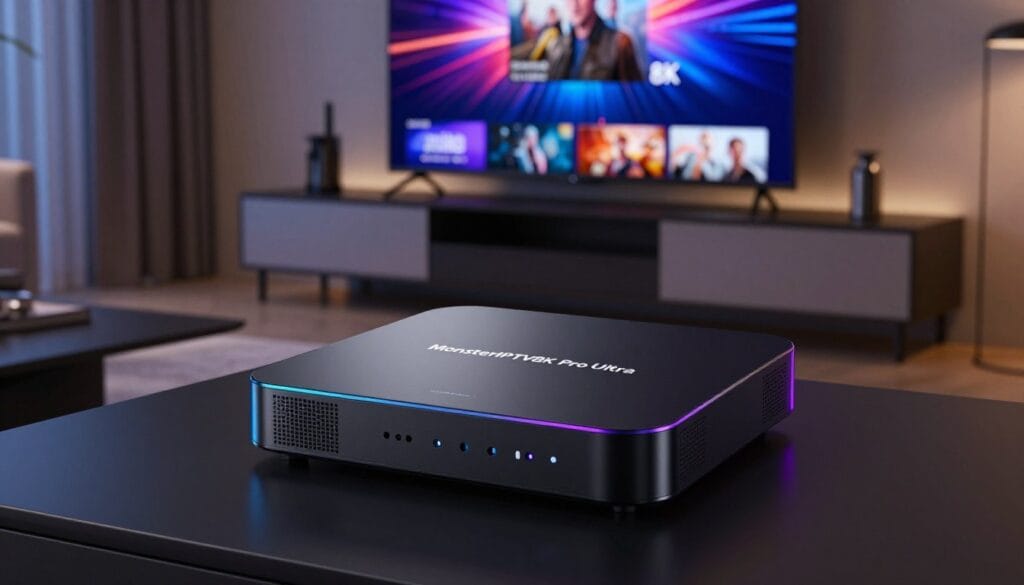 A sleek and modern IPTV box, labeled "MonsterIPTV8K Pro Ultra," prominently displayed in the foreground. The box features intricate design elements, with a glossy black finish and subtle LED lights glowing in blue and purple. Behind the IPTV box, a stylish TV setup showcases a vibrant 8K screen displaying dynamic content, surrounded by minimalist furniture in a modern living room setting. Soft ambient lighting enhances the cozy yet sophisticated atmosphere, creating a tech-savvy environment. Use a slightly elevated angle to focus on the IPTV box while capturing the luxurious details of the room. The overall mood should be contemporary and inviting, illustrating the cutting-edge nature of the product. The scene should be composed with a cinematic depth of field, emphasizing the IPTV box while keeping the background slightly blurred.
