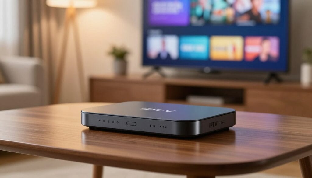 A sleek and modern IPTV box positioned prominently in the foreground, showcasing its curved edges and glossy surface finish. The middle layer features subtle reflections on a minimalist wooden table, emphasizing its elegant design. In the background, a softly lit living room setting with a flat-screen TV displaying vibrant streaming content, providing context to the IPTV box's purpose. The lighting is warm and inviting, suggesting a cozy home entertainment atmosphere. Use a shallow depth of field to keep the focus on the IPTV box while softly blurring the background details. The overall mood is modern and sophisticated, appealing to tech-savvy consumers exploring the latest trends in streaming technology.