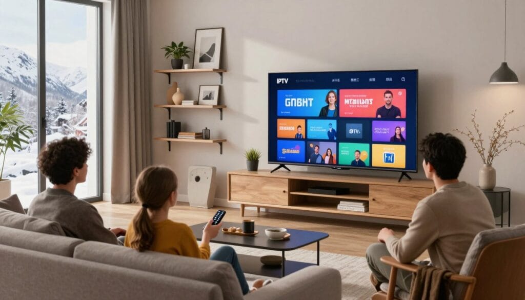 A sleek, modern living room setting with a large flat-screen TV displaying vibrant streaming options, surrounded by stylish Nordic furniture. In the foreground, a family enjoys a cozy evening together, dressed in smart-casual attire, interacting with the TV remote. The middle layer features shelves with Nordic design elements, like decorative plants and minimalist art pieces, subtly reflecting the culture. The background shows a large window revealing a snowy Scandinavian landscape outside, with soft natural light pouring in, creating a warm and inviting atmosphere. The scene should evoke a sense of comfort and technology seamlessly integrated into daily life, emphasizing the essence of IPTV in Nordic homes.