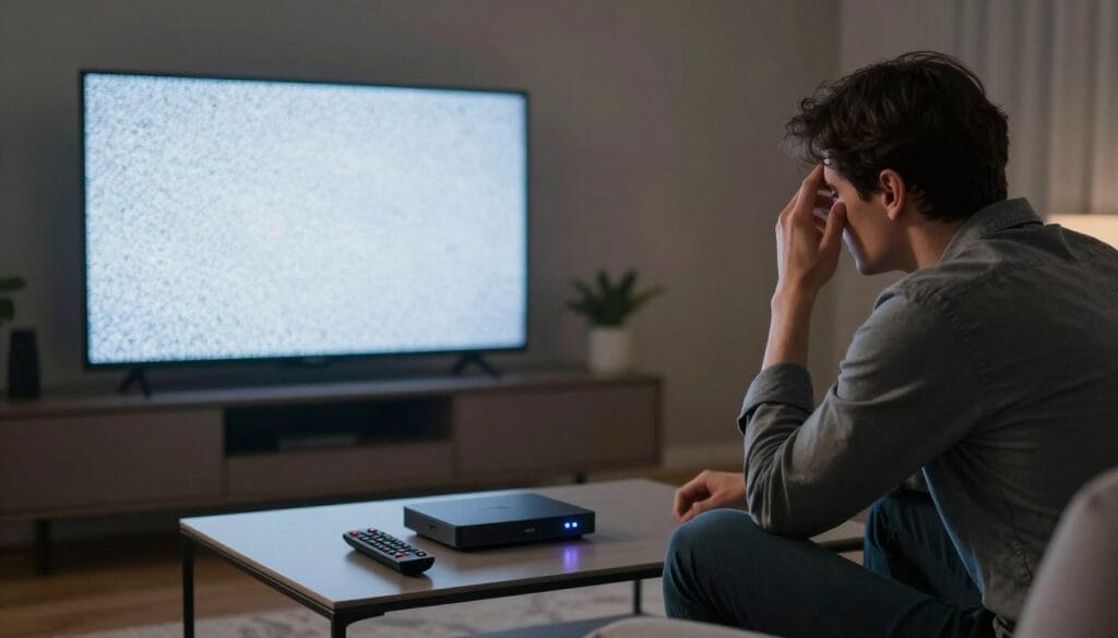 A concerned individual sitting in a modern living room, looking at a blank television screen with hints of static. The foreground features the person, dressed in casual yet professional attire, displaying frustration. In the middle, a sleek coffee table holds a remote control, and an IPTV box with blinking lights, suggesting it has stopped working. The background shows a cozy room with soft, dim lighting, creating a somber atmosphere, with shadows hinting at uncertainty. The scene reflects the mood of confusion and concern regarding the cessation of IPTV services, with a focus on the emotional impact of losing access to favorite shows and content. A concerned individual sitting in a modern living room, looking at a blank television screen with hints of static. The foreground features the person, dressed in casual yet professional attire, displaying frustration. In the middle, a sleek coffee table holds a remote control, and an IPTV box with blinking lights, suggesting it has stopped working. The background shows a cozy room with soft, dim lighting, creating a somber atmosphere, with shadows hinting at uncertainty. The scene reflects the mood of confusion and concern regarding the cessation of IPTV services, with a focus on the emotional impact of losing access to favorite shows and content.