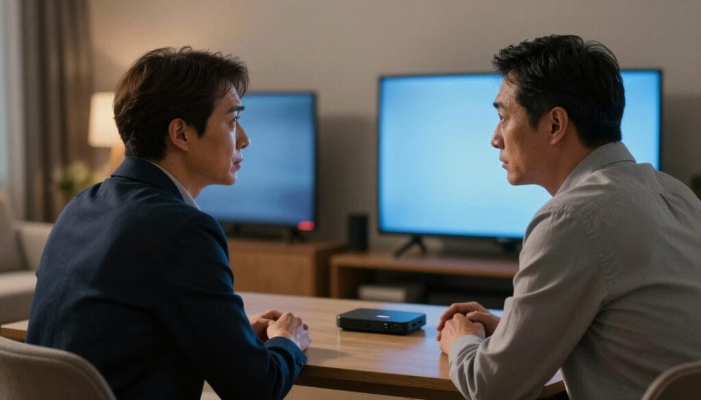 A concerned person sitting at a desk, looking at a blank television screen with an IPTV device next to it, indicating a shutdown. The foreground features the individual, a middle-aged person dressed in professional business attire, with a worried expression. The middle ground includes the television set and IPTV device, dimly lit with a blue glow from the screen. The background is a home living room setup, with soft warm lighting to create a calm yet tense atmosphere. The scene captures a mood of uncertainty and frustration, emphasizing the impact of IPTV shutdown disruptions. The overall angle is focused on the person’s face and the empty screen, creating a sense of immediacy in the situation. A concerned person sitting at a desk, looking at a blank television screen with an IPTV device next to it, indicating a shutdown. The foreground features the individual, a middle-aged person dressed in professional business attire, with a worried expression. The middle ground includes the television set and IPTV device, dimly lit with a blue glow from the screen. The background is a home living room setup, with soft warm lighting to create a calm yet tense atmosphere. The scene captures a mood of uncertainty and frustration, emphasizing the impact of IPTV shutdown disruptions. The overall angle is focused on the person’s face and the empty screen, creating a sense of immediacy in the situation.