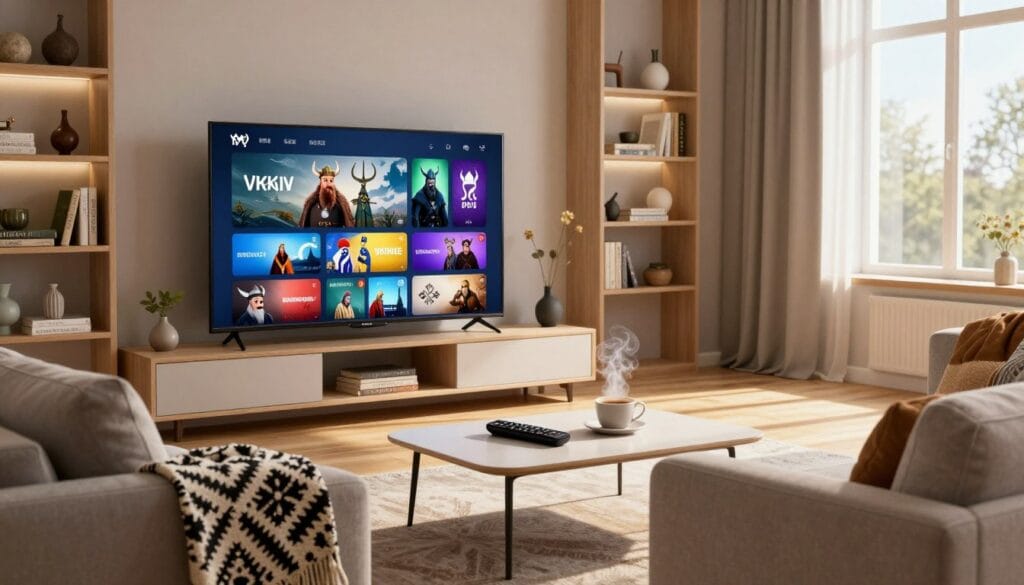 A cozy, modern living room with a large flat-screen TV showing a vibrant Viking IPTV interface, complete with colorful channels representing Scandinavian culture. In the foreground, a comfortable sofa with a Scandinavian design invites relaxation, adorned with a patterned throw blanket. In the middle, a sleek coffee table holds a remote control and a steaming cup of coffee, enhancing the inviting atmosphere. The background features a softly lit bookshelf filled with Nordic-themed books and decorative artifacts. Natural light streams in through a nearby window, casting warm reflections on the wooden floor. The overall mood is inviting and warm, combining modern technology with elements of Viking heritage, evoking the essence of comfortable home streaming. A cozy, modern living room with a large flat-screen TV showing a vibrant Viking IPTV interface, complete with colorful channels representing Scandinavian culture. In the foreground, a comfortable sofa with a Scandinavian design invites relaxation, adorned with a patterned throw blanket. In the middle, a sleek coffee table holds a remote control and a steaming cup of coffee, enhancing the inviting atmosphere. The background features a softly lit bookshelf filled with Nordic-themed books and decorative artifacts. Natural light streams in through a nearby window, casting warm reflections on the wooden floor. The overall mood is inviting and warm, combining modern technology with elements of Viking heritage, evoking the essence of comfortable home streaming.