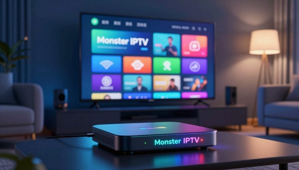 A digital illustration of a fictional IPTV provider called "Monster IPTV". In the foreground, a sleek, futuristic set-top box glows softly, with colorful LED lights illuminating its surface. In the middle ground, a high-definition television displays a vibrant streaming interface, showcasing various channels with abstract icons and colorful graphics representing different genres. The background features a modern living room setting with plush furniture and subtle tech gadgets. Warm lighting from a stylish floor lamp creates an inviting atmosphere, while the overall color palette combines deep blues and vibrant greens to suggest a high-tech vibe. The scene conveys a blend of excitement and professionalism, perfect for an analysis of IPTV services.