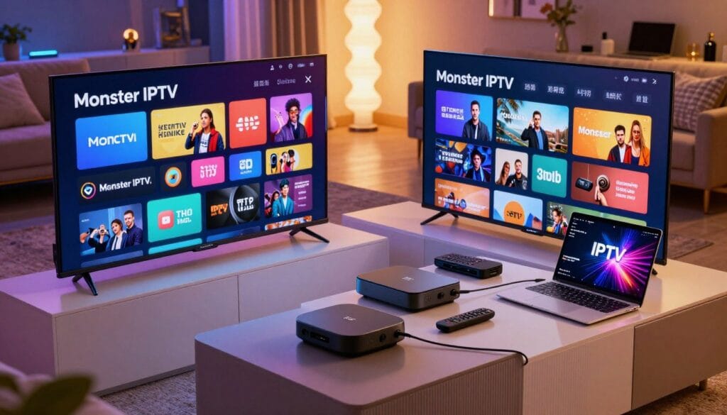 A dynamic and visually striking representation of a vibrant and modern media center, showcasing "Monster IPTV." In the foreground, a sleek television with a high-definition display shows colorful streaming interfaces. The middle ground features a stylish media console adorned with various streaming devices, remote controls, and an open laptop with IPTV channels displayed. In the background, an inviting living room setting features plush seating, contemporary decor, and ambient lighting that creates a cozy atmosphere. The scene is illuminated with soft, warm lights, casting gentle reflections and enhancing the overall inviting mood. The camera angle is slightly elevated, providing a comprehensive view of the technology and environment, evoking a sense of innovation and comfort in home entertainment. A dynamic and visually striking representation of a vibrant and modern media center, showcasing "Monster IPTV." In the foreground, a sleek television with a high-definition display shows colorful streaming interfaces. The middle ground features a stylish media console adorned with various streaming devices, remote controls, and an open laptop with IPTV channels displayed. In the background, an inviting living room setting features plush seating, contemporary decor, and ambient lighting that creates a cozy atmosphere. The scene is illuminated with soft, warm lights, casting gentle reflections and enhancing the overall inviting mood. The camera angle is slightly elevated, providing a comprehensive view of the technology and environment, evoking a sense of innovation and comfort in home entertainment.