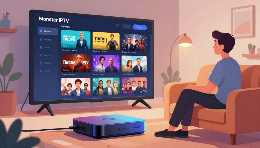 A dynamic digital illustration showcasing the concept of "Monster IPTV" as a powerful streaming app. In the foreground, a sleek, modern device resembling a streaming box is displayed, emitting soft, colorful light. In the middle ground, an interface is shown on a large, high-definition screen, displaying vibrant thumbnails of various movies and shows, symbolizing extensive streaming options. The background features a cozy living room setting with soft lighting, where a professional individual sits comfortably on a stylish couch, attentively watching the screen, dressed in smart casual attire. The overall mood is engaging and inviting, capturing the essence of modern home entertainment and streaming convenience. Use a slightly angled perspective to enhance depth and emphasis on the streaming experience. A dynamic digital illustration showcasing the concept of "Monster IPTV" as a powerful streaming app. In the foreground, a sleek, modern device resembling a streaming box is displayed, emitting soft, colorful light. In the middle ground, an interface is shown on a large, high-definition screen, displaying vibrant thumbnails of various movies and shows, symbolizing extensive streaming options. The background features a cozy living room setting with soft lighting, where a professional individual sits comfortably on a stylish couch, attentively watching the screen, dressed in smart casual attire. The overall mood is engaging and inviting, capturing the essence of modern home entertainment and streaming convenience. Use a slightly angled perspective to enhance depth and emphasis on the streaming experience.