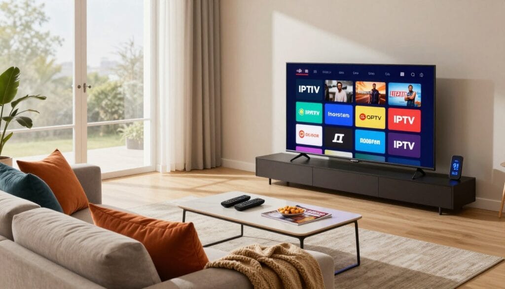 A dynamic home interior scene showcasing a sleek living room with a modern television streaming various channels through Monster IPTV. In the foreground, a comfortable sofa with vibrant throw pillows and a cozy blanket is positioned facing the TV. The TV screen brightly displays a colorful array of streaming channel logos, radiating an inviting glow. In the middle ground, a stylish coffee table holds remote controls, snacks, and a magazine about IPTV services. The background features a large window with soft, natural light streaming in, casting gentle shadows and creating a relaxed atmosphere. Include subtle tech elements like a smart device on the table to emphasize innovation. The overall mood should be modern, inviting, and engaging, reflecting the competitive spirit of the IPTV market. A dynamic home interior scene showcasing a sleek living room with a modern television streaming various channels through Monster IPTV. In the foreground, a comfortable sofa with vibrant throw pillows and a cozy blanket is positioned facing the TV. The TV screen brightly displays a colorful array of streaming channel logos, radiating an inviting glow. In the middle ground, a stylish coffee table holds remote controls, snacks, and a magazine about IPTV services. The background features a large window with soft, natural light streaming in, casting gentle shadows and creating a relaxed atmosphere. Include subtle tech elements like a smart device on the table to emphasize innovation. The overall mood should be modern, inviting, and engaging, reflecting the competitive spirit of the IPTV market.