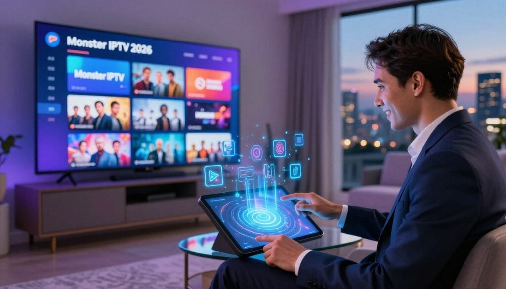 A futuristic depiction of a vibrant IPTV interface showcasing "Monster IPTV 2026," with colorful graphics and dynamic visual elements representing streaming content. In the foreground, an enthusiastic professional in business attire interacts with a sleek touchscreen device, surrounded by glowing holographic icons of popular shows and channels. The middle ground reveals a modern living room with a large television displaying the Monster IPTV logo, while the background features a stylish cityscape at dusk, illuminated by city lights. Soft, ambient lighting creates an inviting atmosphere, emphasizing innovation and excitement in the market. The image captures an energizing blend of technology and entertainment, highlighting the challenge posed to the IPTV industry.