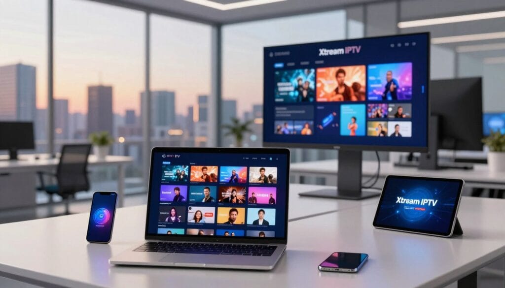 A futuristic digital workspace showcasing "Xtream IPTV" as a leading IPTV provider. In the foreground, a modern laptop displays an engaging IPTV interface vivid with colorful thumbnails representing various channels, surrounded by high-tech gadgets, like a sleek smartphone and a tablet. The middle ground features a bright, minimalist office with a large screen streaming content, highlighting IPTV features in action with high-resolution graphics. The background shows a city skyline through a large glass window, illuminated by the evening sky, suggesting technological advancement and connectivity. Soft, warm lighting enhances a professional and inviting atmosphere, while a shallow depth of field focuses on the device monitors, emphasizing a sense of innovation and digital exploration.