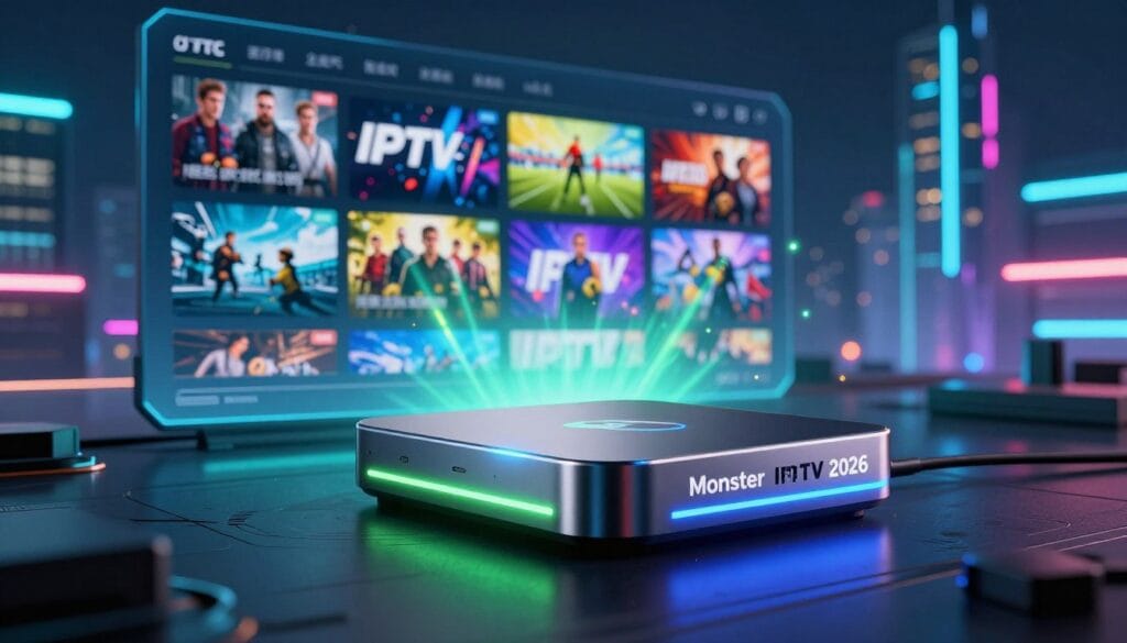 A futuristic, high-tech digital landscape highlighting "Monster IPTV 2026". In the foreground, a sleek, metallic device resembling a streaming box glows with vibrant LED lights, showcasing its advanced design. In the middle ground, a dynamic interface displays a kaleidoscope of colorful streaming options, including movie scenes and sports events, all emanating a sense of speed and reliability. The background features an abstract representation of a city skyline illuminated by neon lights, symbolizing connectivity and modern technology. The atmosphere is energetic and innovative, with soft lens flares and a slightly blurred depth of field to draw focus to the device. The lighting is dramatic, with a mix of blues and greens creating a captivating, tech-savvy mood. A futuristic, high-tech digital landscape highlighting "Monster IPTV 2026". In the foreground, a sleek, metallic device resembling a streaming box glows with vibrant LED lights, showcasing its advanced design. In the middle ground, a dynamic interface displays a kaleidoscope of colorful streaming options, including movie scenes and sports events, all emanating a sense of speed and reliability. The background features an abstract representation of a city skyline illuminated by neon lights, symbolizing connectivity and modern technology. The atmosphere is energetic and innovative, with soft lens flares and a slightly blurred depth of field to draw focus to the device. The lighting is dramatic, with a mix of blues and greens creating a captivating, tech-savvy mood.