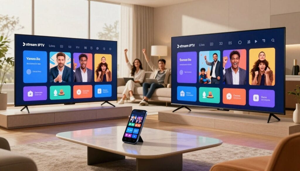 A futuristic living room featuring a sleek TV displaying the Xtream IPTV interface, with vibrant colors and detailed icons highlighting various features like live streaming and on-demand content. In the foreground, a modern, minimalist coffee table holds a smart device showing IPTV options. The middle ground showcases a comfy sofa where a diverse group of people in professional attire are engaged in watching their favorite programs, exuding excitement and enjoyment. The background includes a large window letting in natural light, enhancing the warm and inviting atmosphere. The scene is well-lit, emphasizing the technology and enjoyment of IPTV services, captured with a slightly elevated angle to provide depth and focus.