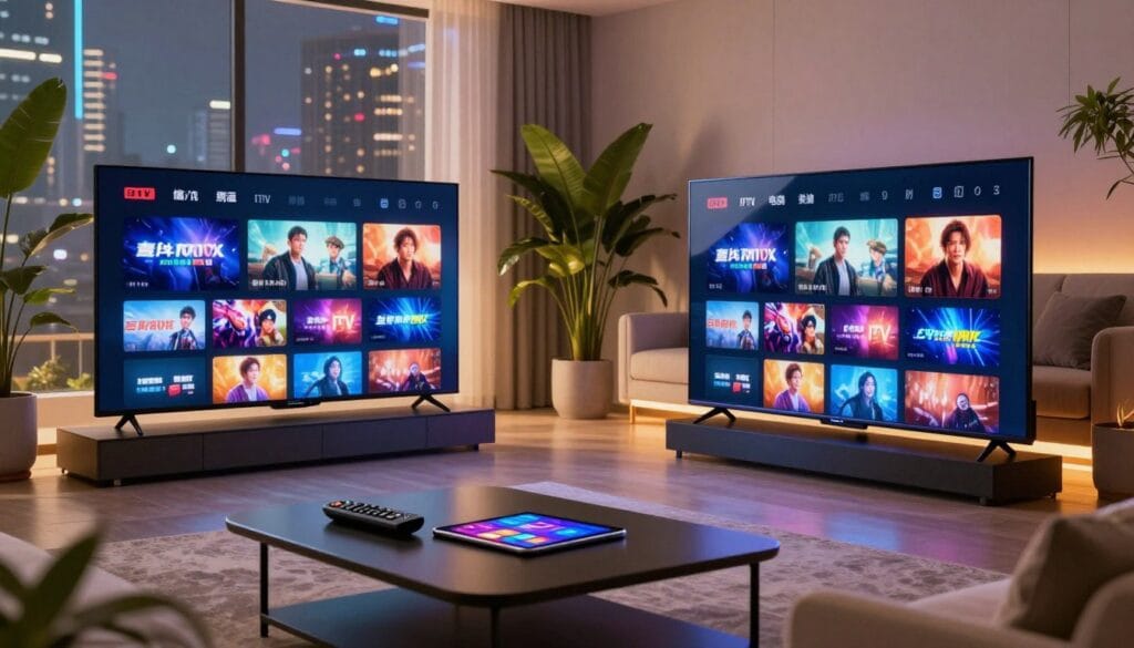A futuristic living room setting showcasing IPTV technology in action. In the foreground, a sleek, modern television displays vibrant streaming content, reflecting a diverse array of channels. Nearby, a stylish coffee table holds a remote control and a tablet, emphasizing user interactivity. The middle ground features a cozy sofa with soft, ambient lighting, inviting relaxation. Lush green plants add a touch of nature. The background reveals a large window with a cityscape view, suggesting a high-tech urban environment. The mood is contemporary and innovative, with warm lighting creating a welcoming atmosphere. Utilize a wide-angle perspective to capture the essence of advanced technology in a home setting. Avoid any text or logos, ensuring a clean, professional image. A futuristic living room setting showcasing IPTV technology in action. In the foreground, a sleek, modern television displays vibrant streaming content, reflecting a diverse array of channels. Nearby, a stylish coffee table holds a remote control and a tablet, emphasizing user interactivity. The middle ground features a cozy sofa with soft, ambient lighting, inviting relaxation. Lush green plants add a touch of nature. The background reveals a large window with a cityscape view, suggesting a high-tech urban environment. The mood is contemporary and innovative, with warm lighting creating a welcoming atmosphere. Utilize a wide-angle perspective to capture the essence of advanced technology in a home setting. Avoid any text or logos, ensuring a clean, professional image.