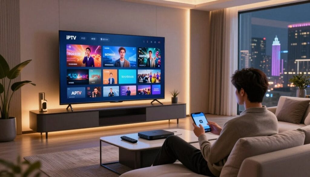 A futuristic living room space designed for optimal streaming, featuring a large, sleek TV displaying vibrant, high-definition IPTV graphics. In the foreground, a well-dressed person sits comfortably on a modern couch, engrossed in their device, surrounded by stylish decor and soft ambient lighting that enhances the cozy atmosphere. The middle ground showcases a coffee table with a remote control and digital streaming device, while the background reveals a large window with a view of a bustling cityscape, hinting at the future of entertainment. The overall mood is inviting and tech-savvy, illuminated by warm tones, highlighting the seamless integration of technology in daily life. A futuristic living room space designed for optimal streaming, featuring a large, sleek TV displaying vibrant, high-definition IPTV graphics. In the foreground, a well-dressed person sits comfortably on a modern couch, engrossed in their device, surrounded by stylish decor and soft ambient lighting that enhances the cozy atmosphere. The middle ground showcases a coffee table with a remote control and digital streaming device, while the background reveals a large window with a view of a bustling cityscape, hinting at the future of entertainment. The overall mood is inviting and tech-savvy, illuminated by warm tones, highlighting the seamless integration of technology in daily life.
