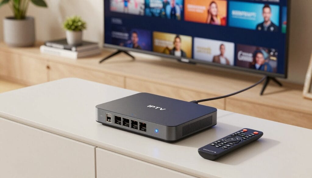 A modern IPTV hardware setup on a sleek, minimalist home entertainment center. In the foreground, feature a stylish IPTV box with various ports and an illuminated power button, accompanied by a remote control with an array of buttons. In the middle, display a high-definition flat-screen TV showing vibrant streaming content, with cables neatly arranged. The background features a cozy living room ambiance with subtle lighting, soft colors, and a few decorative items like books and plants. The atmosphere is warm and inviting, emphasizing the convenience and sophistication of modern technology. Capture the scene with a slightly elevated angle to provide a comprehensive view, using natural lighting to enhance realism and clarity. A modern IPTV hardware setup on a sleek, minimalist home entertainment center. In the foreground, feature a stylish IPTV box with various ports and an illuminated power button, accompanied by a remote control with an array of buttons. In the middle, display a high-definition flat-screen TV showing vibrant streaming content, with cables neatly arranged. The background features a cozy living room ambiance with subtle lighting, soft colors, and a few decorative items like books and plants. The atmosphere is warm and inviting, emphasizing the convenience and sophistication of modern technology. Capture the scene with a slightly elevated angle to provide a comprehensive view, using natural lighting to enhance realism and clarity.