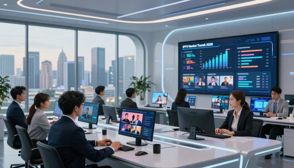 A modern digital landscape showcasing the IPTV market trends in 2026. In the foreground, a sleek, futuristic office space where diverse professionals, dressed in professional business attire, are engaged in discussion over high-tech devices displaying IPTV content. In the middle ground, large screens highlight key statistics and graphs representing current viewership trends and popular IPTV providers. The background features a panoramic city skyline viewed through large glass windows, symbolizing innovation and technological advancement. Soft, ambient lighting creates a positive and energetic atmosphere, while a focus on depth of field gives a sense of clarity and future-forward perspective. The angle captures details of both the professionals and the advanced technology around them, conveying a feeling of collaboration and progress. A modern digital landscape showcasing the IPTV market trends in 2026. In the foreground, a sleek, futuristic office space where diverse professionals, dressed in professional business attire, are engaged in discussion over high-tech devices displaying IPTV content. In the middle ground, large screens highlight key statistics and graphs representing current viewership trends and popular IPTV providers. The background features a panoramic city skyline viewed through large glass windows, symbolizing innovation and technological advancement. Soft, ambient lighting creates a positive and energetic atmosphere, while a focus on depth of field gives a sense of clarity and future-forward perspective. The angle captures details of both the professionals and the advanced technology around them, conveying a feeling of collaboration and progress.