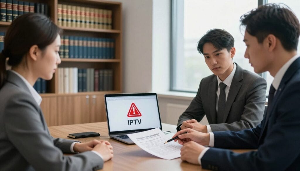 A modern legal office interior depicting a professional meeting setting. In the foreground, a group of three individuals in business attire—two men and one woman—are discussing a document on an elegant table, with a focused expression. In the middle, a laptop is open showing a screen with a red warning symbol related to illegal IPTV services. The background features shelves lined with law books and a large window with soft natural light streaming in, creating a bright and serious atmosphere. The overall mood conveys a sense of urgency and legality, emphasizing the impact of illegal streaming under Swedish law. Use a slight depth of field to keep the focus on the subjects and the document.