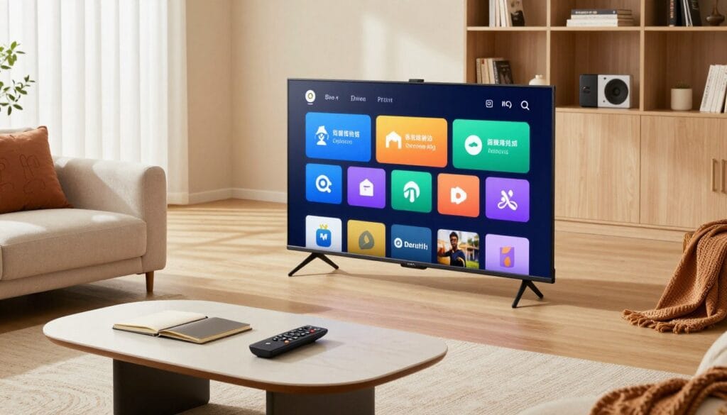 A modern living room featuring a sleek Smart IPTV setup. In the foreground, a stylish, minimalist coffee table holds a high-tech remote and a notebook. In the middle, a large flat-screen TV displays a vibrant streaming interface with various colorful app icons. The living room is comfortably furnished with a plush sofa and decorative pillows. Soft, natural light filters in through large windows, creating a warm ambiance. In the background, a bookshelf filled with books and gadgets adds depth and interest. The atmosphere evokes a sense of innovation and comfort, highlighting the convenience and modernity of Smart IPTV in contemporary life. Capture this scene with a slightly elevated angle to include the TV prominently, using bright, inviting colors. A modern living room featuring a sleek Smart IPTV setup. In the foreground, a stylish, minimalist coffee table holds a high-tech remote and a notebook. In the middle, a large flat-screen TV displays a vibrant streaming interface with various colorful app icons. The living room is comfortably furnished with a plush sofa and decorative pillows. Soft, natural light filters in through large windows, creating a warm ambiance. In the background, a bookshelf filled with books and gadgets adds depth and interest. The atmosphere evokes a sense of innovation and comfort, highlighting the convenience and modernity of Smart IPTV in contemporary life. Capture this scene with a slightly elevated angle to include the TV prominently, using bright, inviting colors.