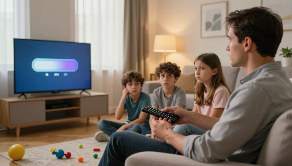 A modern living room scene featuring a family gathered around a sleek TV displaying an interrupted IPTV feed, showing a buffering symbol. In the foreground, a concerned parent is holding a remote control, dressed in smart casual attire. In the middle, children are looking puzzled and disappointed, with expressions of confusion, while colorful toys are scattered around them. The background features soft lighting from a large window, casting warm tones across the room, and a cozy sofa with plush cushions. The atmosphere is tense yet relatable, emphasizing the frustration of watching suddenly interrupted services. Captured using a wide-angle lens to enhance the depth of the scene. A modern living room scene featuring a family gathered around a sleek TV displaying an interrupted IPTV feed, showing a buffering symbol. In the foreground, a concerned parent is holding a remote control, dressed in smart casual attire. In the middle, children are looking puzzled and disappointed, with expressions of confusion, while colorful toys are scattered around them. The background features soft lighting from a large window, casting warm tones across the room, and a cozy sofa with plush cushions. The atmosphere is tense yet relatable, emphasizing the frustration of watching suddenly interrupted services. Captured using a wide-angle lens to enhance the depth of the scene.