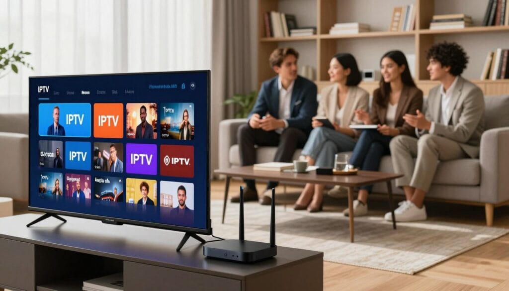 A modern living room scene showcasing the fundamentals of IPTV technology. In the foreground, a sleek smart TV displays a visually engaging interface with colorful IPTV channel options. A stylish entertainment center features devices like a streaming box and a router, with visible cables neatly arranged. The middle ground includes a comfortable sofa where a diverse group of people in professional attire sit, enthusiastically discussing their viewing options. Soft, natural lighting filters in through large windows, creating a warm and inviting atmosphere. The background reveals shelves filled with books about technology and entertainment, contributing to a tech-savvy ambiance. The overall mood is informative and engaging, highlighting the intersection of entertainment and technology in a contemporary setting.
