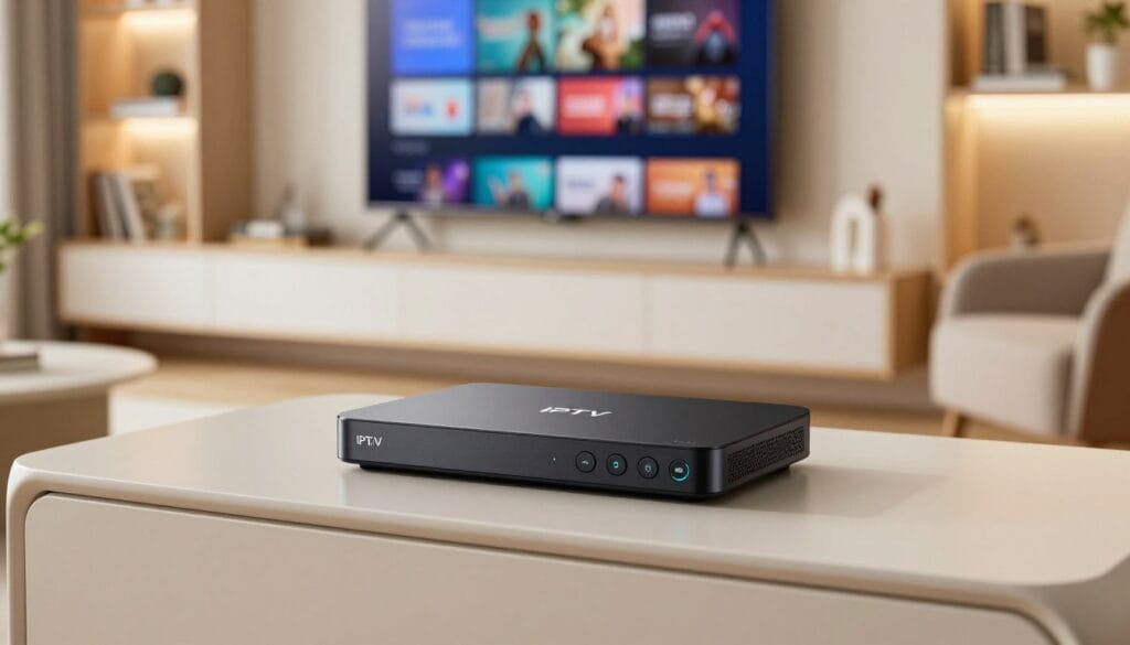 A modern living room setting featuring a sleek IPTV box prominently displayed on a stylish, minimalist entertainment unit. The foreground showcases the IPTV box with visible buttons and LED indicators, reflecting high-tech design. In the middle ground, a flat-screen TV mounted on the wall displays a colorful streaming interface. Cozy furniture surrounds the area, creating an inviting atmosphere. The background consists of softly lit shelving with books and decorative items, enhancing the warm ambiance. The lighting is bright yet soft, illuminating the IPTV box while casting gentle shadows. The image captures a contemporary lifestyle, ideal for viewers looking to explore IPTV options at home. The overall mood is relaxed and informative, inviting viewers to engage with the technology. A modern living room setting featuring a sleek IPTV box prominently displayed on a stylish, minimalist entertainment unit. The foreground showcases the IPTV box with visible buttons and LED indicators, reflecting high-tech design. In the middle ground, a flat-screen TV mounted on the wall displays a colorful streaming interface. Cozy furniture surrounds the area, creating an inviting atmosphere. The background consists of softly lit shelving with books and decorative items, enhancing the warm ambiance. The lighting is bright yet soft, illuminating the IPTV box while casting gentle shadows. The image captures a contemporary lifestyle, ideal for viewers looking to explore IPTV options at home. The overall mood is relaxed and informative, inviting viewers to engage with the technology.