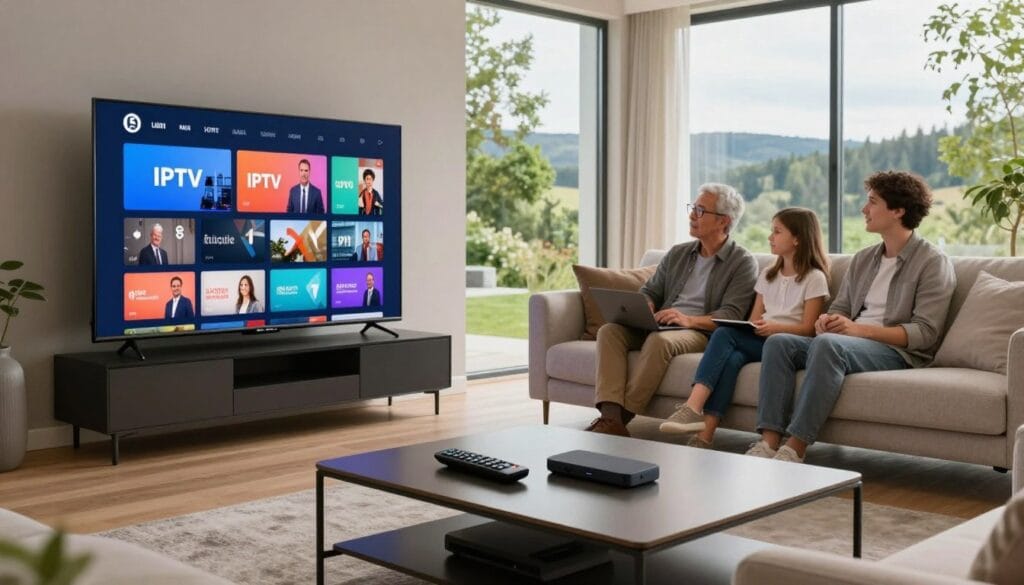 A modern living room setting in Sweden, showcasing a sleek, large digital TV displaying a vibrant interface of IPTV services. In the foreground, a stylish coffee table with a remote control and smart device. The middle ground features a cozy sofa with neutral-colored cushions, and a family seated in professional yet casual attire, watching and discussing content. In the background, large windows reveal a scenic Swedish landscape with greenery. Soft, natural lighting enhances the welcoming atmosphere, giving a sense of warmth and comfort. The scene captures a blend of technology and family connection, reflecting the IPTV market's significance in contemporary Swedish life. A modern living room setting in Sweden, showcasing a sleek, large digital TV displaying a vibrant interface of IPTV services. In the foreground, a stylish coffee table with a remote control and smart device. The middle ground features a cozy sofa with neutral-colored cushions, and a family seated in professional yet casual attire, watching and discussing content. In the background, large windows reveal a scenic Swedish landscape with greenery. Soft, natural lighting enhances the welcoming atmosphere, giving a sense of warmth and comfort. The scene captures a blend of technology and family connection, reflecting the IPTV market's significance in contemporary Swedish life.