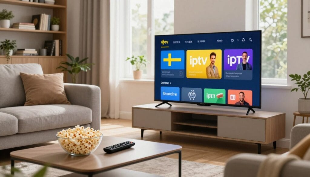 A modern living room setting with a sleek flat-screen TV displaying a vibrant Swedish IPTV interface on the screen. In the foreground, a stylish coffee table holds a remote control and a bowl of popcorn, inviting a relaxed viewing experience. The middle ground features a comfortable sofa with soft cushions, positioned for optimal viewing. Soft, natural light filters through a large window, highlighting the coziness of the space and creating a warm atmosphere. In the background, a decorative bookshelf filled with various books and a few plants adds an element of home decor. The overall mood is inviting and contemporary, showcasing the essence of enjoying Swedish IPTV technology in a relaxed environment. A modern living room setting with a sleek flat-screen TV displaying a vibrant Swedish IPTV interface on the screen. In the foreground, a stylish coffee table holds a remote control and a bowl of popcorn, inviting a relaxed viewing experience. The middle ground features a comfortable sofa with soft cushions, positioned for optimal viewing. Soft, natural light filters through a large window, highlighting the coziness of the space and creating a warm atmosphere. In the background, a decorative bookshelf filled with various books and a few plants adds an element of home decor. The overall mood is inviting and contemporary, showcasing the essence of enjoying Swedish IPTV technology in a relaxed environment.