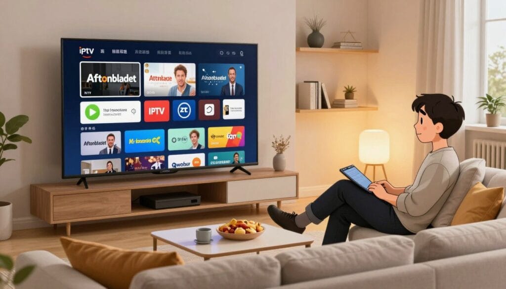 A modern living room setting with a sleek, large flat-screen TV displaying various IPTV streaming options, showcasing the Aftonbladet logo alongside popular streaming service icons. In the foreground, a cozy sofa adorned with cushions and a coffee table with snacks, creating an inviting atmosphere. In the middle, a comfortable chair facing the TV, with a person dressed in smart casual attire, relaxed and engaged with the content on screen. The background features a shelf with books and decorative items, softly lit by warm ambient lighting. The mood is contemporary and casual, reflecting a friendly and informative environment for streaming discussions. The image should have a bright and clear appearance, captured from a slightly elevated angle to give depth to the scene.