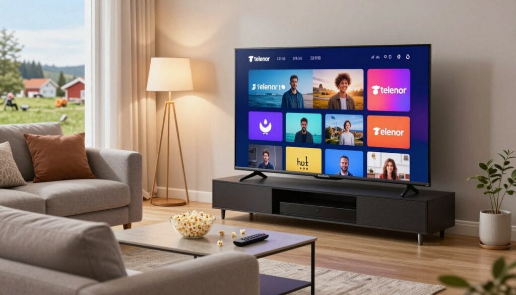 A modern living room setup featuring a sleek, high-tech IPTV setup showcasing Telenor. In the foreground, a large, flat-screen TV displays a colorful, vibrant Telenor interface, reflecting channels and streaming options. A comfortable, stylish sofa with plush cushions invites viewers to relax and enjoy. In the middle ground, a coffee table holds a remote control and some popcorn, creating a cozy atmosphere. The background features soft lighting from a nearby lamp and a window with a scenic view of the Swedish countryside, providing an inviting ambiance. The scene conveys a sense of reliability and comfort, capturing the essence of Telenor's IPTV service in a professional, family-friendly environment. A modern living room setup featuring a sleek, high-tech IPTV setup showcasing Telenor. In the foreground, a large, flat-screen TV displays a colorful, vibrant Telenor interface, reflecting channels and streaming options. A comfortable, stylish sofa with plush cushions invites viewers to relax and enjoy. In the middle ground, a coffee table holds a remote control and some popcorn, creating a cozy atmosphere. The background features soft lighting from a nearby lamp and a window with a scenic view of the Swedish countryside, providing an inviting ambiance. The scene conveys a sense of reliability and comfort, capturing the essence of Telenor's IPTV service in a professional, family-friendly environment.