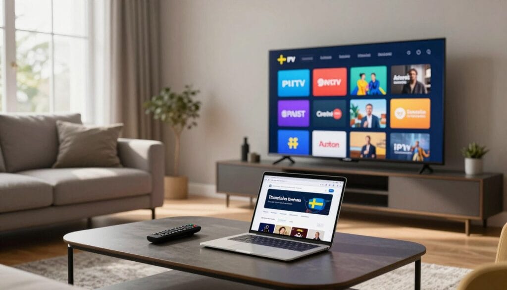 A modern living room with a large, flat-screen television displaying a vibrant interface of various IPTV services, showcasing colorful icons representing different Swedish channels. In the foreground, a stylish coffee table holds a remote control and a laptop open to a comparison website, emphasizing the evaluation process. The middle ground features a cozy sofa with pillows, inviting a relaxed atmosphere. In the background, a large window lets in soft, natural lighting, creating a warm and welcoming environment. The overall mood is productive and informative, with an emphasis on accessibility and choice in the Swedish IPTV market. Use a wide-angle lens to capture the entire scene, highlighting the interplay of light and shadows for a dynamic effect. A modern living room with a large, flat-screen television displaying a vibrant interface of various IPTV services, showcasing colorful icons representing different Swedish channels. In the foreground, a stylish coffee table holds a remote control and a laptop open to a comparison website, emphasizing the evaluation process. The middle ground features a cozy sofa with pillows, inviting a relaxed atmosphere. In the background, a large window lets in soft, natural lighting, creating a warm and welcoming environment. The overall mood is productive and informative, with an emphasis on accessibility and choice in the Swedish IPTV market. Use a wide-angle lens to capture the entire scene, highlighting the interplay of light and shadows for a dynamic effect.