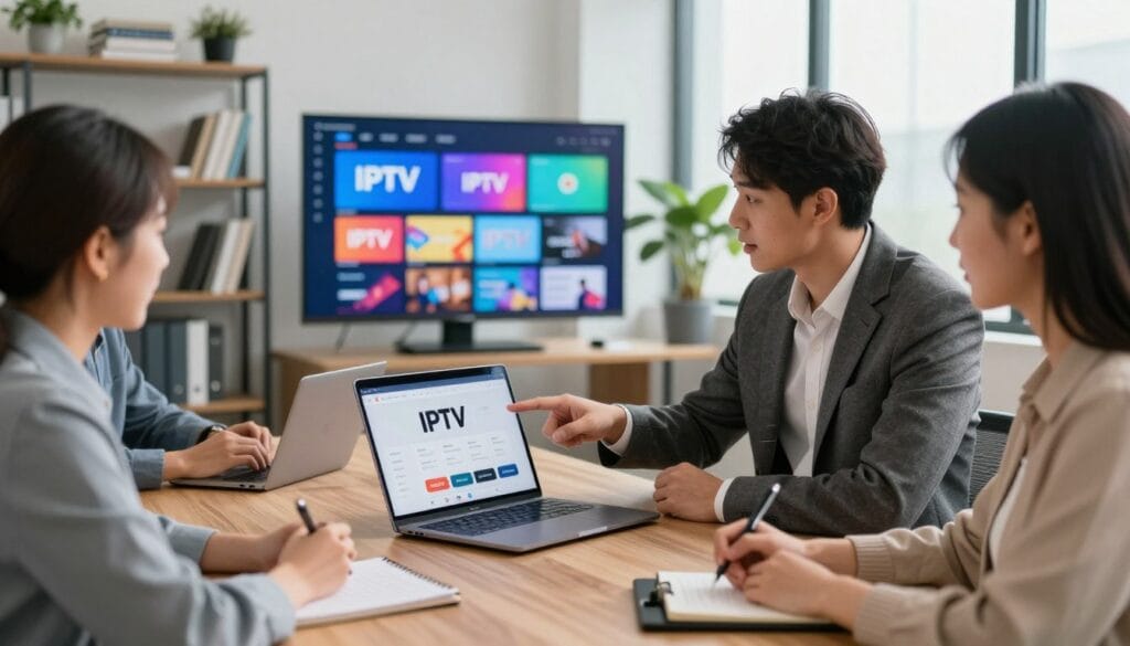 A modern, professional office setting featuring a group of diverse individuals engaged in a discussion about IPTV services. In the foreground, a man in a tailored suit points at a sleek laptop displaying a user-friendly interface of IPTV options. Beside him, a woman in smart casual attire takes notes on a tablet, appearing focused. In the middle ground, a large screen showcases various IPTV channels, creating a vibrant and informative atmosphere. The background includes a stylish office space with shelves of tech books, plants for a fresh touch, and large windows allowing natural light to flood in, creating a warm and inviting mood. Capture the essence of teamwork and evaluation in the modern digital age, with a slight focus on technology and professionalism. A modern, professional office setting featuring a group of diverse individuals engaged in a discussion about IPTV services. In the foreground, a man in a tailored suit points at a sleek laptop displaying a user-friendly interface of IPTV options. Beside him, a woman in smart casual attire takes notes on a tablet, appearing focused. In the middle ground, a large screen showcases various IPTV channels, creating a vibrant and informative atmosphere. The background includes a stylish office space with shelves of tech books, plants for a fresh touch, and large windows allowing natural light to flood in, creating a warm and inviting mood. Capture the essence of teamwork and evaluation in the modern digital age, with a slight focus on technology and professionalism.