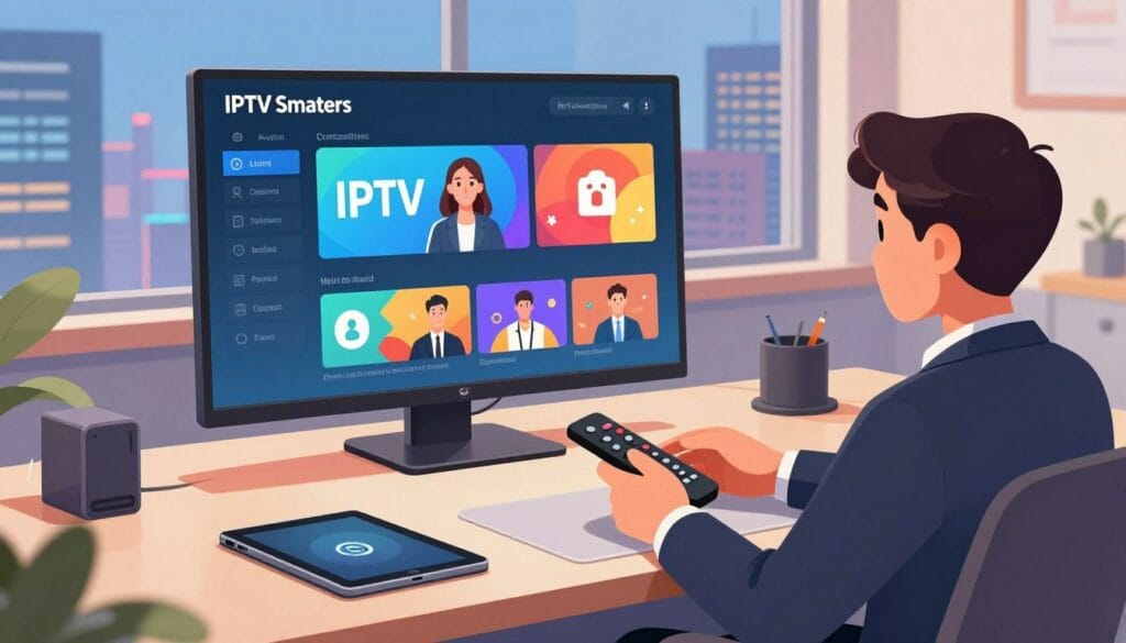 A modern, sleek workspace showcasing a large screen displaying the IPTV Smarters interface, featuring colorful icons and streaming options. In the foreground, a professional individual in business attire, focused and engaged with the device, holding a remote control. The middle ground includes a stylish desk with modern technology, such as a high-end laptop and tablet, emphasizing the tech-savvy aspect of IPTV Smarters. The background reveals a vibrant cityscape through large windows, symbolizing connectivity and modernity. Soft, ambient lighting casts a warm glow, creating an inviting atmosphere. The camera angle captures the scene from a slightly elevated perspective, highlighting both the user and the technology, evoking a sense of innovation and industry standard. A modern, sleek workspace showcasing a large screen displaying the IPTV Smarters interface, featuring colorful icons and streaming options. In the foreground, a professional individual in business attire, focused and engaged with the device, holding a remote control. The middle ground includes a stylish desk with modern technology, such as a high-end laptop and tablet, emphasizing the tech-savvy aspect of IPTV Smarters. The background reveals a vibrant cityscape through large windows, symbolizing connectivity and modernity. Soft, ambient lighting casts a warm glow, creating an inviting atmosphere. The camera angle captures the scene from a slightly elevated perspective, highlighting both the user and the technology, evoking a sense of innovation and industry standard.