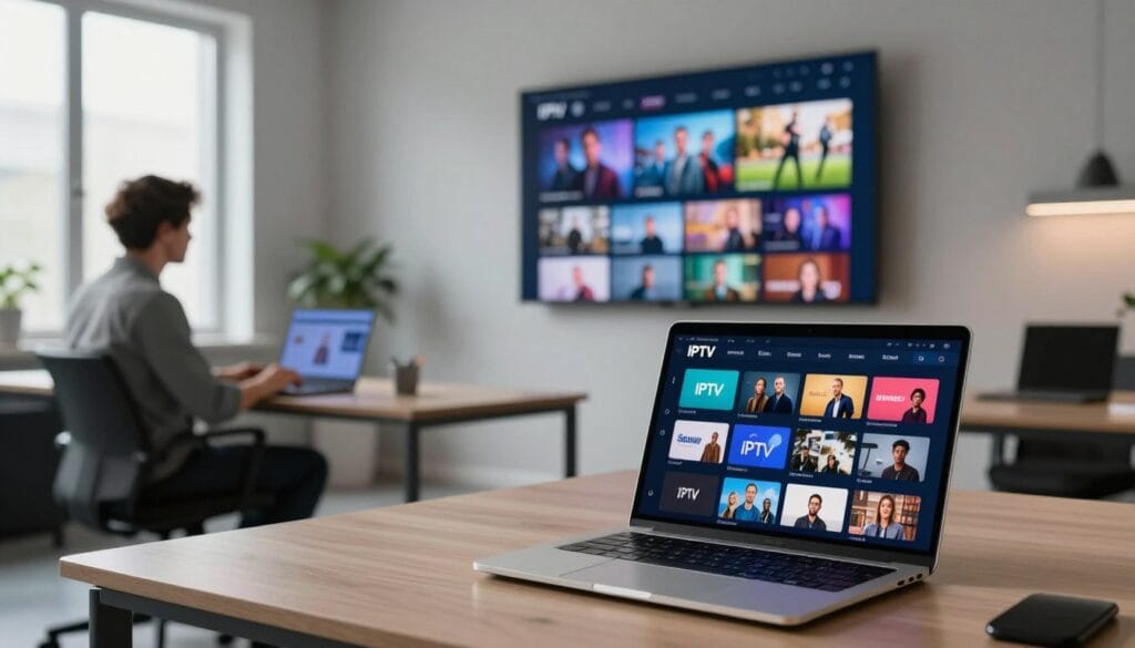 A modern tech workspace showcasing IPTV services in Sweden. In the foreground, a sleek laptop displays a vibrant IPTV interface, with visually appealing icons representing various channels. To the left, a stylishly dressed professional in business casual attire, deeply engaged in using the service. The middle ground features a large screen mounted on the wall streaming popular content, such as movies and sports, with ambient light subtly illuminating the room. In the background, a minimalist office decor adds a serene atmosphere. The mood is focused and contemporary, with soft natural light filtering through large windows, reflecting a sense of innovation in digital media technology. Use a wide-angle lens to capture the entire scene, emphasizing the integration of technology in everyday life. A modern tech workspace showcasing IPTV services in Sweden. In the foreground, a sleek laptop displays a vibrant IPTV interface, with visually appealing icons representing various channels. To the left, a stylishly dressed professional in business casual attire, deeply engaged in using the service. The middle ground features a large screen mounted on the wall streaming popular content, such as movies and sports, with ambient light subtly illuminating the room. In the background, a minimalist office decor adds a serene atmosphere. The mood is focused and contemporary, with soft natural light filtering through large windows, reflecting a sense of innovation in digital media technology. Use a wide-angle lens to capture the entire scene, emphasizing the integration of technology in everyday life.