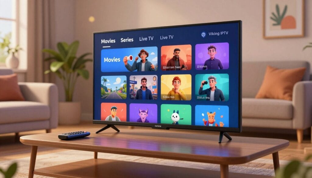 A modern user interface for Viking IPTV, showcasing a sleek, intuitive design. In the foreground, depict a smart television screen displaying a vibrant interface with categories like Movies, Series, and Live TV, beautifully arranged with colorful thumbnails. The middle ground features a stylish coffee table with a remote control, reflecting a cozy living room setup with soft lighting. The background includes a comfortable sofa and decorative elements such as plants and framed artwork, enhancing the homey atmosphere. The overall mood is inviting and modern, with warm lighting creating a relaxing ambiance, shot from a low angle to emphasize the screen and the life-like setting. Focus on clarity and detail, ensuring the image feels like a high-quality home environment designed for entertainment. A modern user interface for Viking IPTV, showcasing a sleek, intuitive design. In the foreground, depict a smart television screen displaying a vibrant interface with categories like Movies, Series, and Live TV, beautifully arranged with colorful thumbnails. The middle ground features a stylish coffee table with a remote control, reflecting a cozy living room setup with soft lighting. The background includes a comfortable sofa and decorative elements such as plants and framed artwork, enhancing the homey atmosphere. The overall mood is inviting and modern, with warm lighting creating a relaxing ambiance, shot from a low angle to emphasize the screen and the life-like setting. Focus on clarity and detail, ensuring the image feels like a high-quality home environment designed for entertainment.