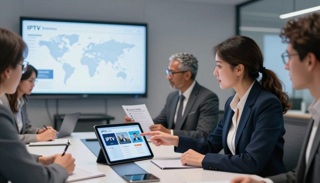 A professional and sleek office setting featuring a diverse group of people gathered around a modern conference table, intensely discussing IPTV services. In the foreground, a focused businesswoman in smart attire points to a sleek tablet displaying IPTV interface options. In the middle, a businessman checks off a checklist of features, such as 'Channel Variety' and 'Pricing'. The background showcases a large screen displaying a digital map of IPTV service providers, illuminated by soft, ambient lighting that creates a productive and collaborative atmosphere. The angle is slightly elevated, capturing both the engaged expressions of the participants and the high-tech environment, exuding a mood of innovation and decision-making.
