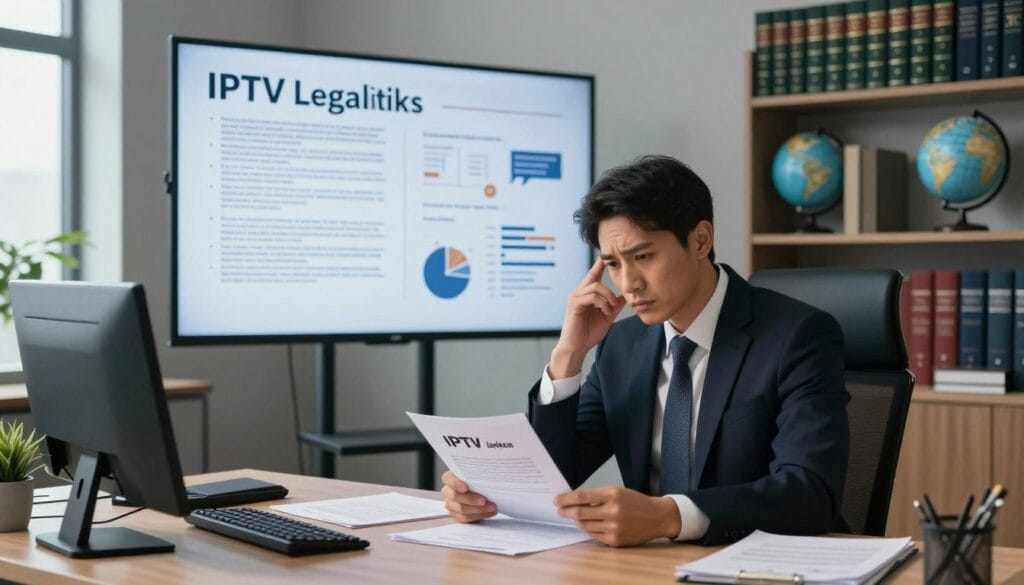 A professional, modern office environment highlighting the theme of IPTV legalities. In the foreground, a well-dressed lawyer sits at a desk, reviewing documents related to IPTV licensing, looking concerned. In the middle ground, a large screen displays complex legal regulations and charts symbolizing IPTV risks. The background features shelves filled with legal books and a globe, depicting international laws. Soft natural lighting enters through a window, casting gentle shadows, creating a serious yet informative atmosphere. Use a wide-angle lens to capture the depth of the office space, with a slight tilt to emphasize the lawyer’s focus on the documents, reinforcing the mood of vigilance and awareness about IPTV legal risks.