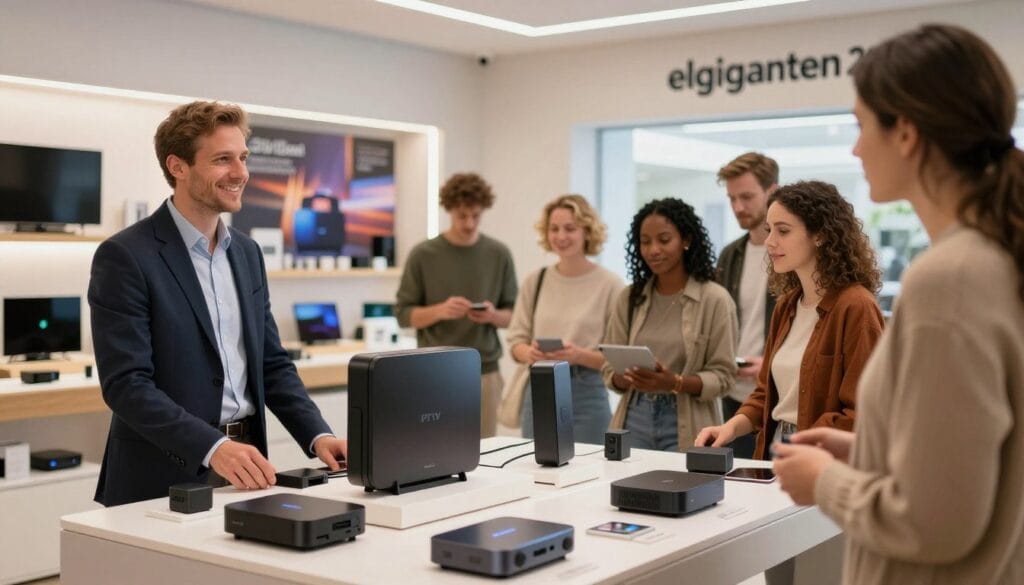 A sleek and modern Elgiganten electronics store interior, showcasing a well-organized display of various streaming devices such as IPTV boxes and media players. In the foreground, a friendly sales associate in professional attire is assisting a diverse group of customers, discussing the features of the products. The middle ground highlights an attractive arrangement of streaming hardware, well-lit under bright, inviting spotlights, emphasizing the products' sleek designs. The background features the store's branding and promotional materials on the walls, creating a warm, welcoming atmosphere. The scene captures a sense of trust and expertise, with a soft focus on the customers' engaged expressions. The overall lighting is bright and cheerful, creating a positive shopping experience. A sleek and modern Elgiganten electronics store interior, showcasing a well-organized display of various streaming devices such as IPTV boxes and media players. In the foreground, a friendly sales associate in professional attire is assisting a diverse group of customers, discussing the features of the products. The middle ground highlights an attractive arrangement of streaming hardware, well-lit under bright, inviting spotlights, emphasizing the products' sleek designs. The background features the store's branding and promotional materials on the walls, creating a warm, welcoming atmosphere. The scene captures a sense of trust and expertise, with a soft focus on the customers' engaged expressions. The overall lighting is bright and cheerful, creating a positive shopping experience.