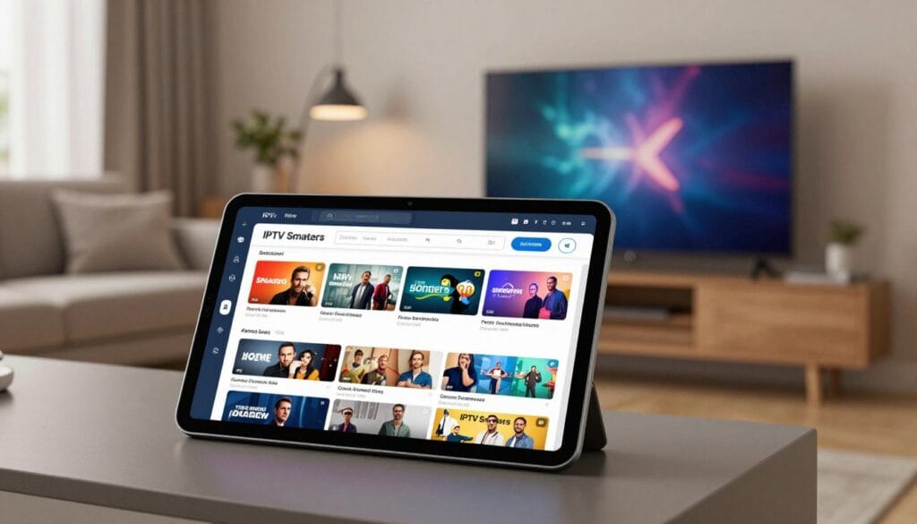 A sleek digital interface showcasing the IPTV Smarters Pro application on a modern tablet, prominently displayed in the foreground. The tablet, with a crisp, vibrant display, should show the app’s user-friendly layout with colorful thumbnails of popular TV channels and movies. In the middle ground, a stylish living room setup featuring a comfortable couch and a high-quality flat screen TV, harmoniously blending technology with comfort. The background should include soft ambient lighting that creates a cozy atmosphere, giving a sense of relaxation and enjoyment of entertainment at home. Emphasize a contemporary design aesthetic, with neutral colors and a clutter-free environment to highlight the digital experience. Aim for a warm, inviting mood that captures the essence of modern IPTV viewing in Sweden. A sleek digital interface showcasing the IPTV Smarters Pro application on a modern tablet, prominently displayed in the foreground. The tablet, with a crisp, vibrant display, should show the app’s user-friendly layout with colorful thumbnails of popular TV channels and movies. In the middle ground, a stylish living room setup featuring a comfortable couch and a high-quality flat screen TV, harmoniously blending technology with comfort. The background should include soft ambient lighting that creates a cozy atmosphere, giving a sense of relaxation and enjoyment of entertainment at home. Emphasize a contemporary design aesthetic, with neutral colors and a clutter-free environment to highlight the digital experience. Aim for a warm, inviting mood that captures the essence of modern IPTV viewing in Sweden.