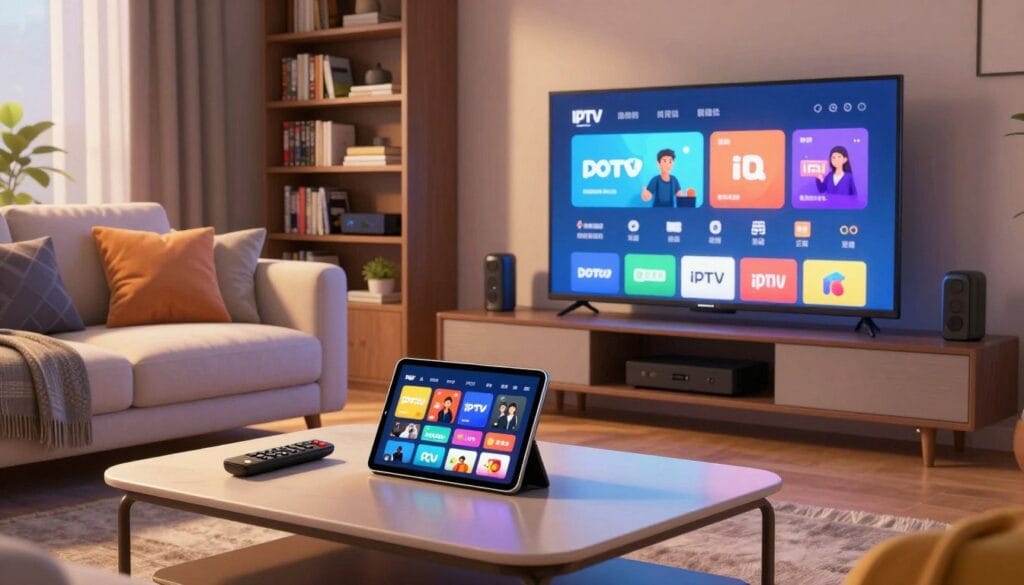 A sleek, modern living room featuring a large flat-screen TV displaying a vibrant IPTV app interface. In the foreground, a stylish coffee table holds a remote control and a tablet showcasing various IPTV app logos, emphasizing usability and choice. The middle ground includes a plush couch, elegantly arranged with decorative cushions, inviting a comfortable viewing experience. Soft, warm lighting creates a cozy atmosphere, casting gentle shadows that enhance the contemporary décor. In the background, a bookshelf filled with DVDs and streaming devices underscores the theme of digital entertainment. The scene exudes a welcoming mood, perfect for enjoying streaming content with family and friends, focusing on quality and comfort within the realm of IPTV technology. A sleek, modern living room featuring a large flat-screen TV displaying a vibrant IPTV app interface. In the foreground, a stylish coffee table holds a remote control and a tablet showcasing various IPTV app logos, emphasizing usability and choice. The middle ground includes a plush couch, elegantly arranged with decorative cushions, inviting a comfortable viewing experience. Soft, warm lighting creates a cozy atmosphere, casting gentle shadows that enhance the contemporary décor. In the background, a bookshelf filled with DVDs and streaming devices underscores the theme of digital entertainment. The scene exudes a welcoming mood, perfect for enjoying streaming content with family and friends, focusing on quality and comfort within the realm of IPTV technology.