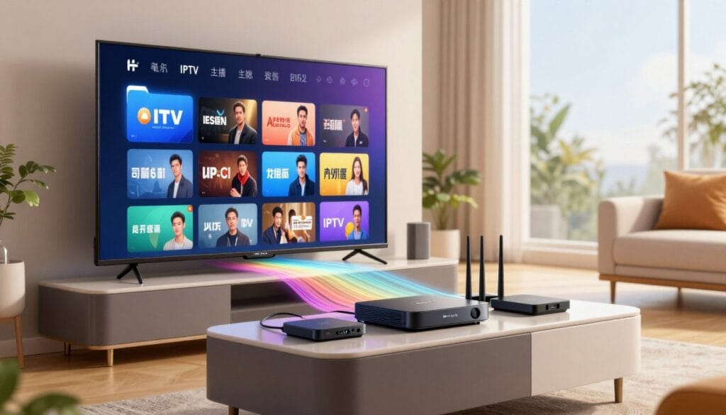 A sleek, modern living room featuring advanced IPTV technology at its core. In the foreground, a large, high-definition smart TV displays a vibrant streaming interface, with icons of popular streaming services visible. In the middle, a stylish entertainment center showcases various devices like a streaming box, a digital antenna, and a router, all interconnected by a network of cables. Flowing from the devices are colorful waves of data, symbolizing seamless connectivity and high-speed streaming. In the background, soft natural light filters through large windows, casting a warm glow over the scene, creating a cozy yet high-tech atmosphere. The overall mood is innovative and inviting, emphasizing the cutting-edge nature of modern IPTV technology.
