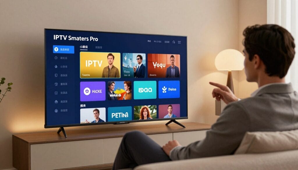 A sleek, modern user interface of IPTV Smarters Pro displayed on a high-definition smart TV. In the foreground, a well-dressed professional in business attire is sitting comfortably on a contemporary sofa, intently exploring the app’s features on the screen. The middle layer showcases the IPTV Smarters Pro interface with vibrant menu options, live TV sections, and an intuitive layout, illuminated by soft ambient lighting that highlights its sleek design. In the background, a stylish living room scene with minimalist decor and soft, warm tones sets a cozy yet sophisticated atmosphere. The angle captures the interaction between the user and the TV screen, emphasizing the technology's ease of use and modern aesthetics. A sleek, modern user interface of IPTV Smarters Pro displayed on a high-definition smart TV. In the foreground, a well-dressed professional in business attire is sitting comfortably on a contemporary sofa, intently exploring the app’s features on the screen. The middle layer showcases the IPTV Smarters Pro interface with vibrant menu options, live TV sections, and an intuitive layout, illuminated by soft ambient lighting that highlights its sleek design. In the background, a stylish living room scene with minimalist decor and soft, warm tones sets a cozy yet sophisticated atmosphere. The angle captures the interaction between the user and the TV screen, emphasizing the technology's ease of use and modern aesthetics.
