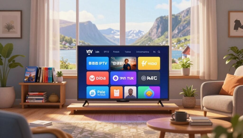 A visually striking representation of Viking IPTV channels, featuring an inviting living room setting as the foreground. In the center, a modern flat-screen TV displays a vibrant array of colorful streaming icons representing various channels. Surrounding the TV, cozy furniture and Scandinavian decor enhance the atmosphere, giving a sense of comfort and home entertainment. In the mid-background, a shelf holds a selection of DVDs and books, symbolizing diverse content. The background features a large window with a view of a Nordic landscape, bathed in soft, warm daylight filtering through sheer curtains. The overall mood is relaxed and engaging, illustrating the richness of Viking IPTV's offerings while maintaining a contemporary vibe. A visually striking representation of Viking IPTV channels, featuring an inviting living room setting as the foreground. In the center, a modern flat-screen TV displays a vibrant array of colorful streaming icons representing various channels. Surrounding the TV, cozy furniture and Scandinavian decor enhance the atmosphere, giving a sense of comfort and home entertainment. In the mid-background, a shelf holds a selection of DVDs and books, symbolizing diverse content. The background features a large window with a view of a Nordic landscape, bathed in soft, warm daylight filtering through sheer curtains. The overall mood is relaxed and engaging, illustrating the richness of Viking IPTV's offerings while maintaining a contemporary vibe.