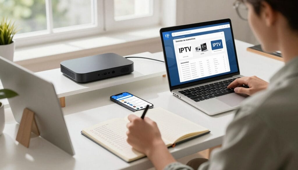 A well-organized home office setup focusing on preparations for selecting an IPTV service. In the foreground, a professional person in smart casual attire is browsing on a laptop, taking notes on a notepad filled with checklists. The middle layer features a modern desk with gadgets like a streaming device, an IPTV provider comparison chart, and a smartphone displaying service options. In the background, a bright window lets in natural light, illuminating the workspace, enhancing a sense of focus and productivity. Soft shadows create a relaxed yet professional atmosphere. The scene conveys diligence and readiness for making informed decisions about IPTV services. A well-organized home office setup focusing on preparations for selecting an IPTV service. In the foreground, a professional person in smart casual attire is browsing on a laptop, taking notes on a notepad filled with checklists. The middle layer features a modern desk with gadgets like a streaming device, an IPTV provider comparison chart, and a smartphone displaying service options. In the background, a bright window lets in natural light, illuminating the workspace, enhancing a sense of focus and productivity. Soft shadows create a relaxed yet professional atmosphere. The scene conveys diligence and readiness for making informed decisions about IPTV services.