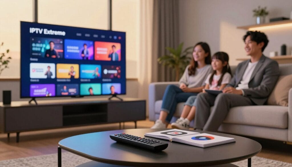 An innovative home entertainment setup showcasing IPTV Extreme, featuring a sleek modern living room with a high-definition smart TV displaying vibrant streaming content. In the foreground, a stylish coffee table holds a remote and a few streaming service logos, symbolizing the diversity of content available. The middle section highlights a cozy couch where a family of three, dressed in professional business attire, are engaged and smiling at the screen. The background includes a large window letting in warm, ambient light, creating a relaxed yet modern atmosphere. The focus is sharp with a slight bokeh effect on the background, conveying a sense of excitement and the future of streaming. The overall mood is inviting, showcasing the transformation in entertainment experiences through IPTV Extreme. An innovative home entertainment setup showcasing IPTV Extreme, featuring a sleek modern living room with a high-definition smart TV displaying vibrant streaming content. In the foreground, a stylish coffee table holds a remote and a few streaming service logos, symbolizing the diversity of content available. The middle section highlights a cozy couch where a family of three, dressed in professional business attire, are engaged and smiling at the screen. The background includes a large window letting in warm, ambient light, creating a relaxed yet modern atmosphere. The focus is sharp with a slight bokeh effect on the background, conveying a sense of excitement and the future of streaming. The overall mood is inviting, showcasing the transformation in entertainment experiences through IPTV Extreme.