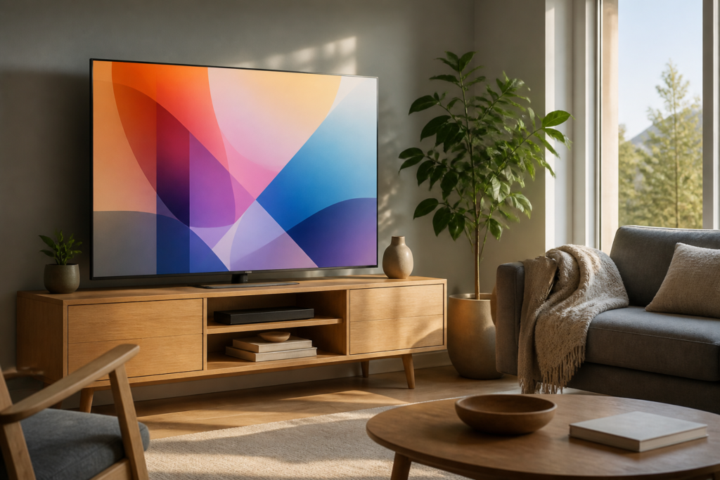 Skandinaviskt vardagsrum med ekbänk och platt-TV, miljö för ip tv