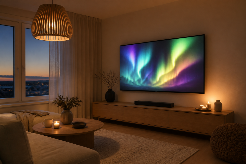 Nordiskt vardagsrum i skymning med väggsatt TV, miljö för nordic iptv